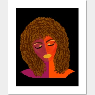 Purple and Orange Woman with Curly Natural Hair (Black Background) Posters and Art